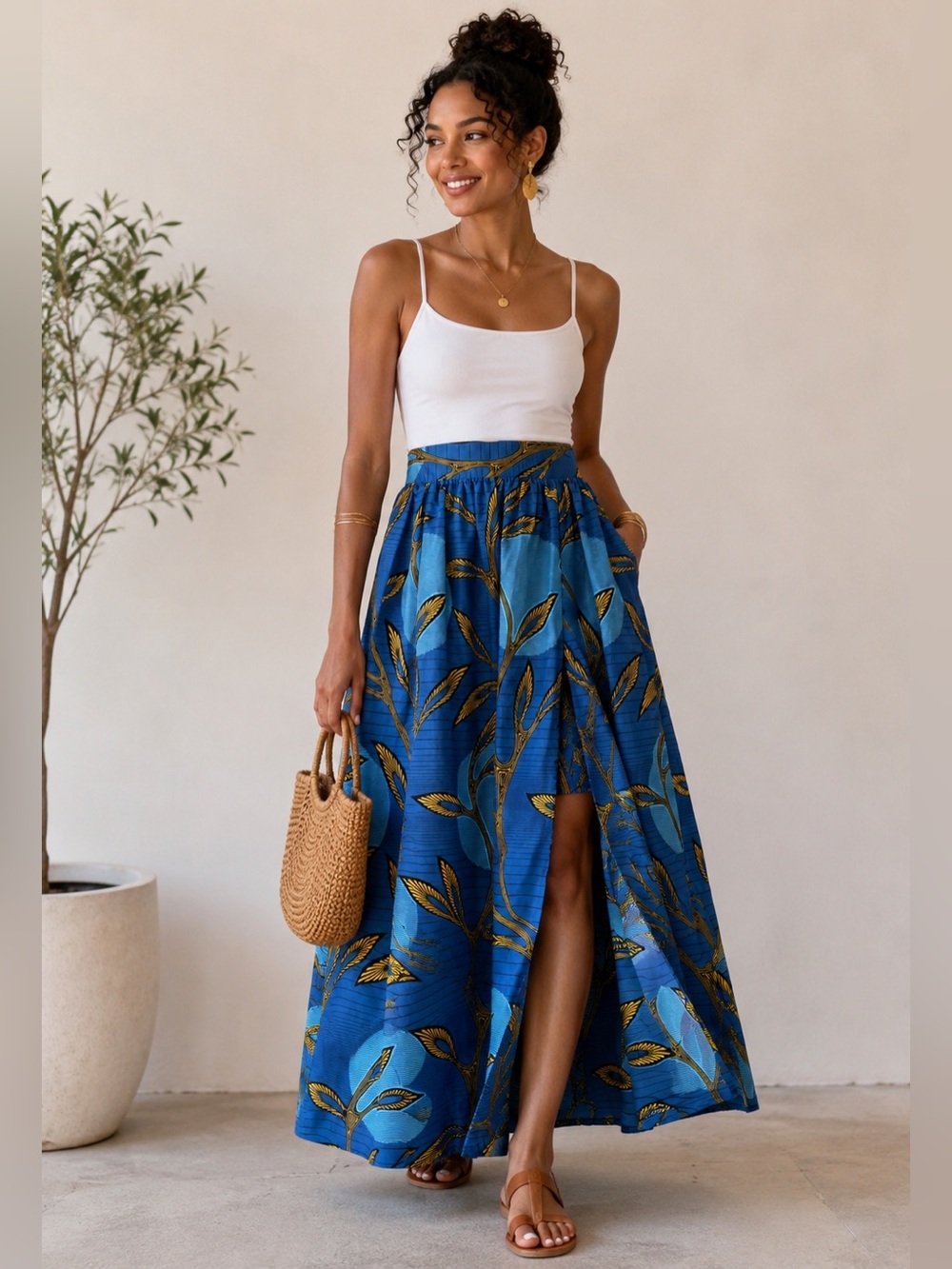 Grass-Fields Blue Yellow Black African Wax Print Ankara Maxi Skirt with Slit 16